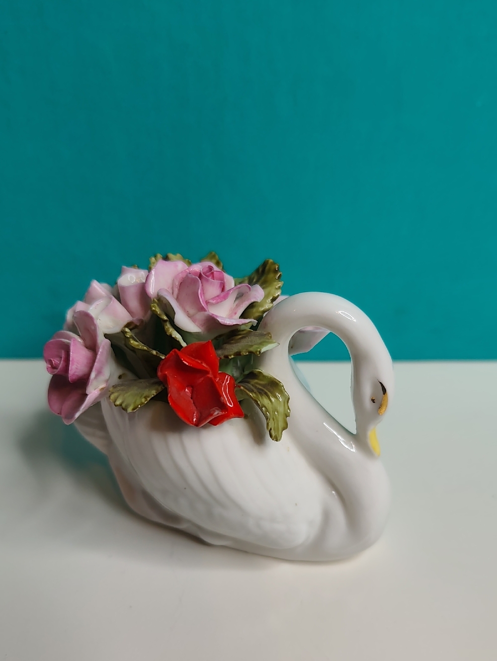 Royal Adderley White Bone China Swan Planter with Pink & Red Flowers